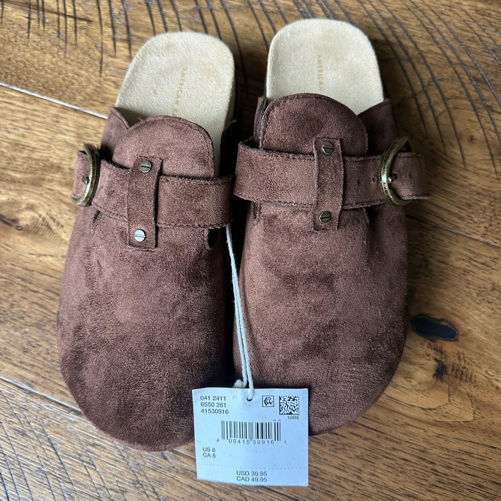 American Eagle Outfitters Brown Suede Slide Clogs with Buckle